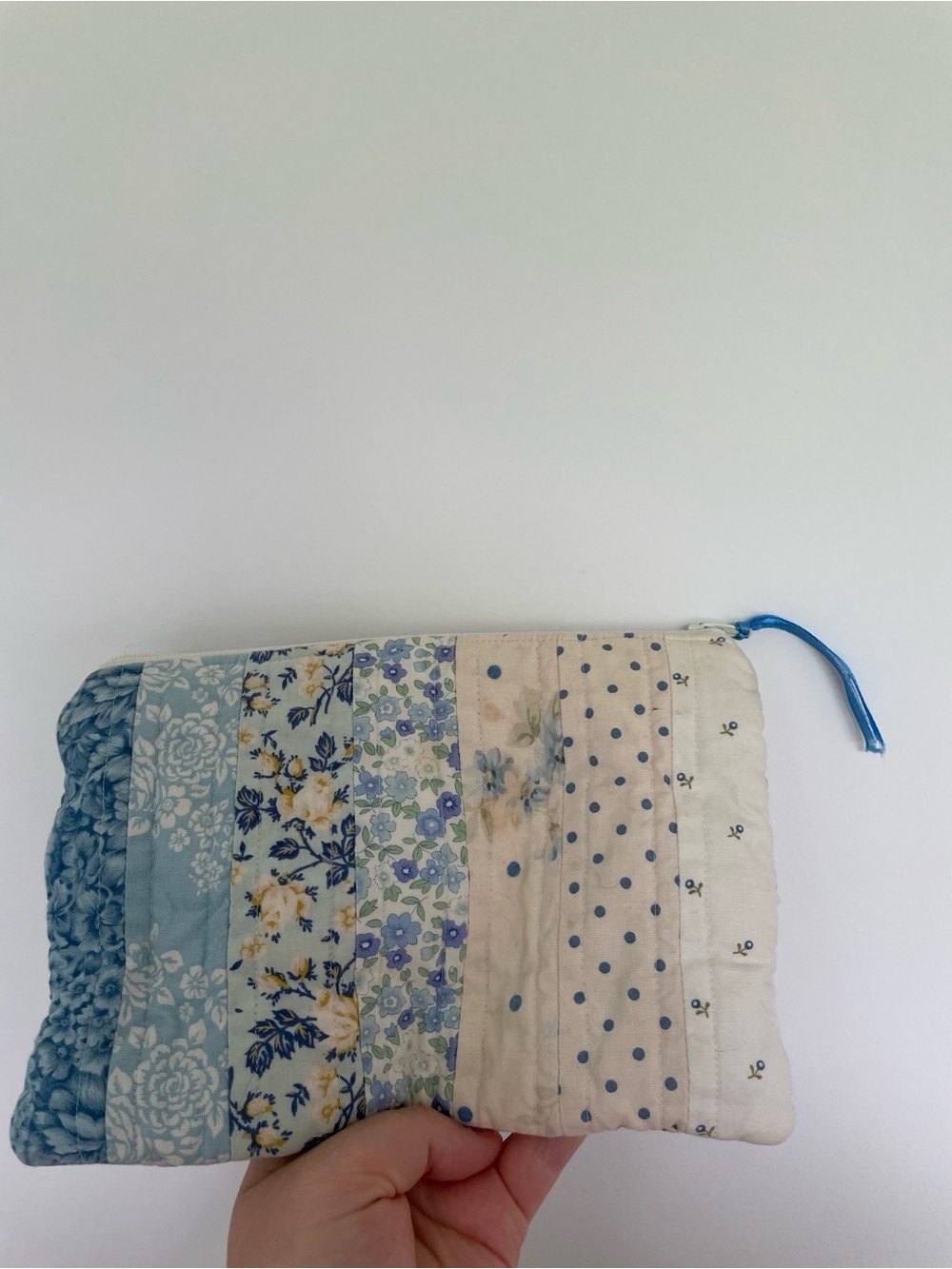 Handmade Quilted Patchwork Cosmetic Pouch in Blue and Cream